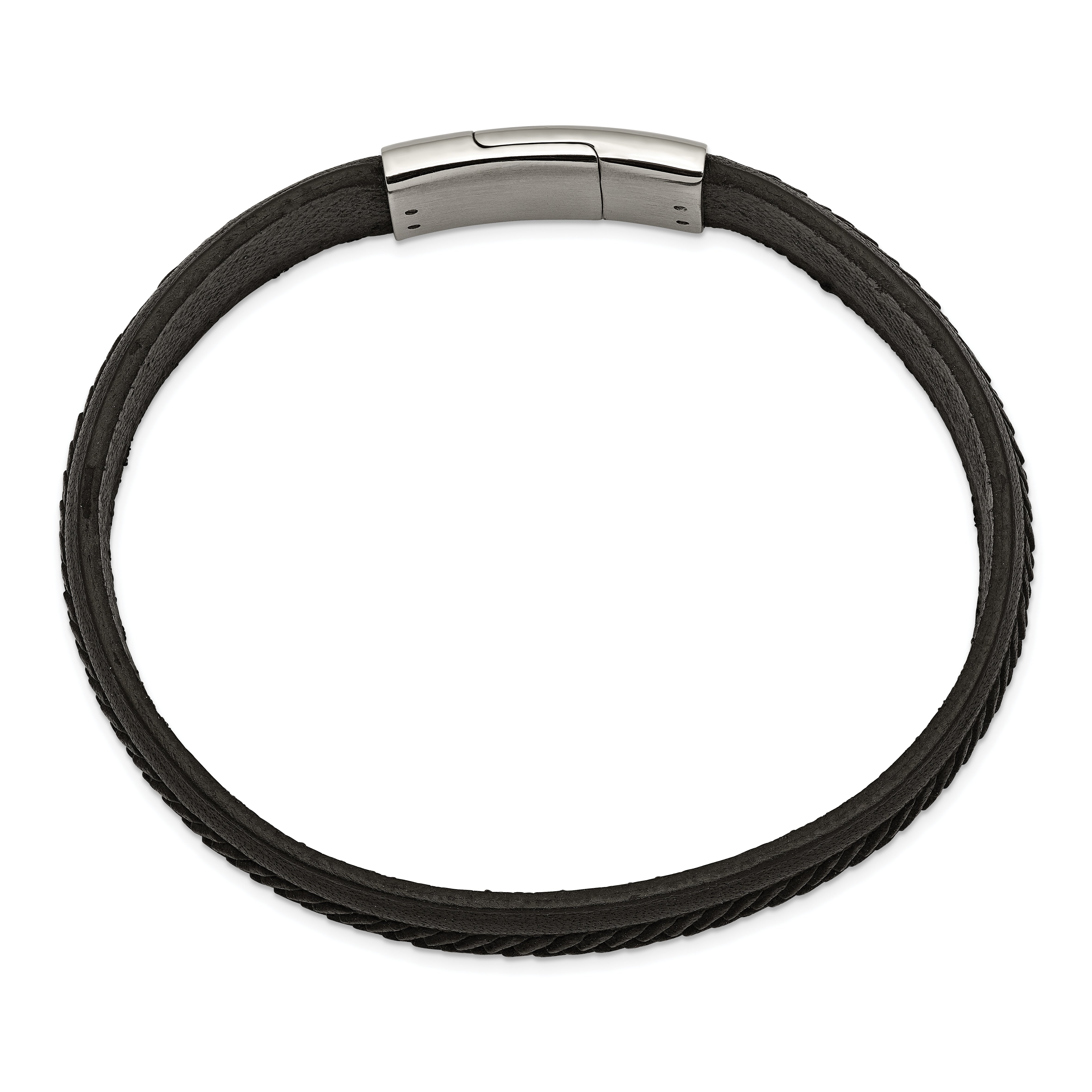 Chisel Stainless Steel Polished Textured Black Italian Leather 8.75 inch Bracelet