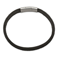 Chisel Stainless Steel Polished Textured Black Italian Leather 8.75 inch Bracelet