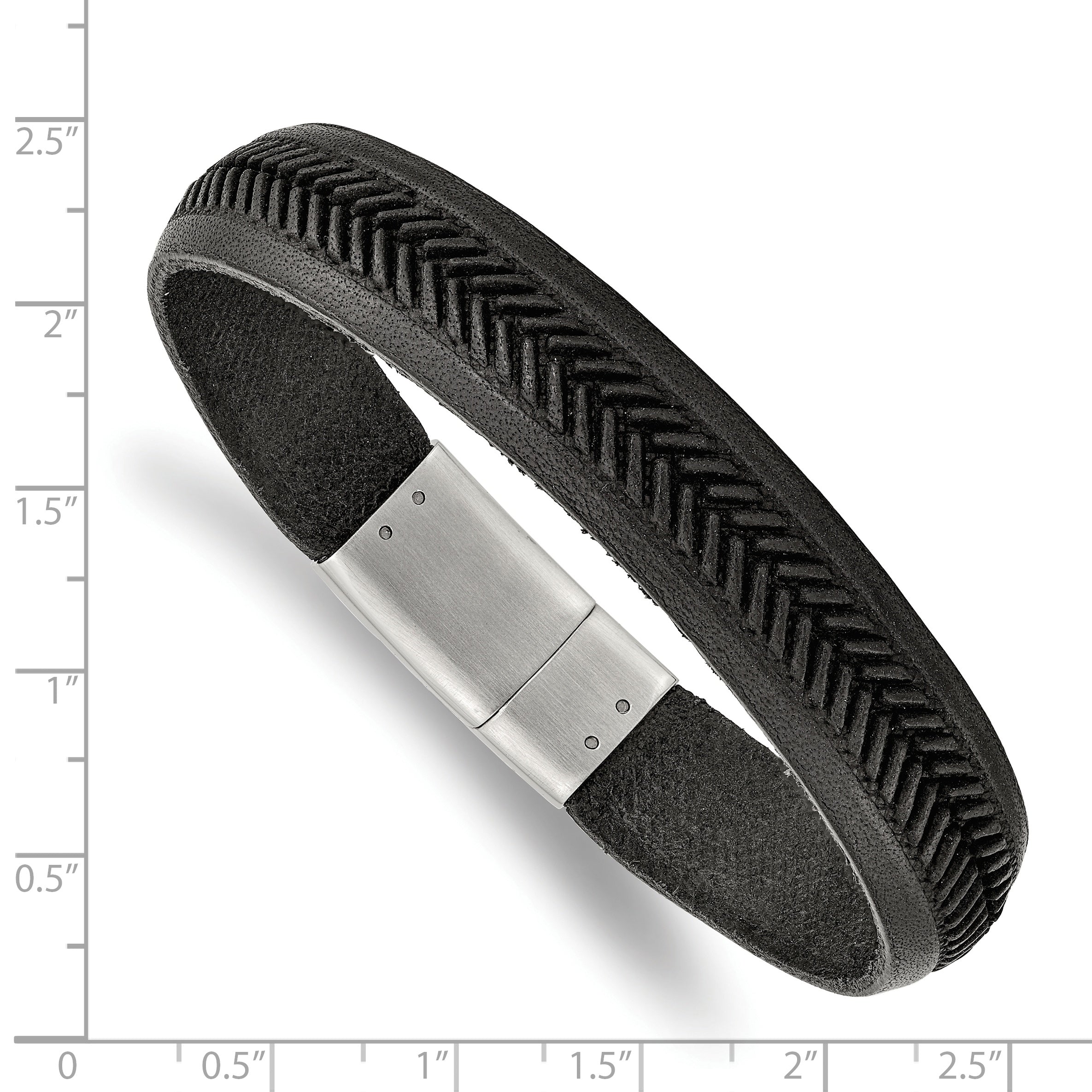 Chisel Stainless Steel Polished Textured Black Italian Leather 8.75 inch Bracelet