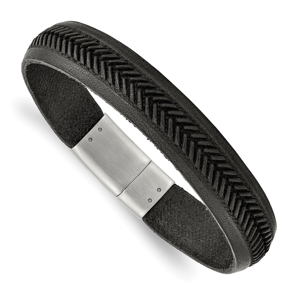 Chisel Stainless Steel Polished Textured Black Italian Leather 8.75 inch Bracelet