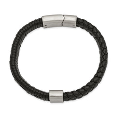 Stainless Steel Brushed Black Leather 8.25in Bracelet