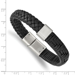 Stainless Steel Brushed Black Leather 8.25in Bracelet