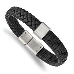 Stainless Steel Brushed Black Leather 8.25in Bracelet