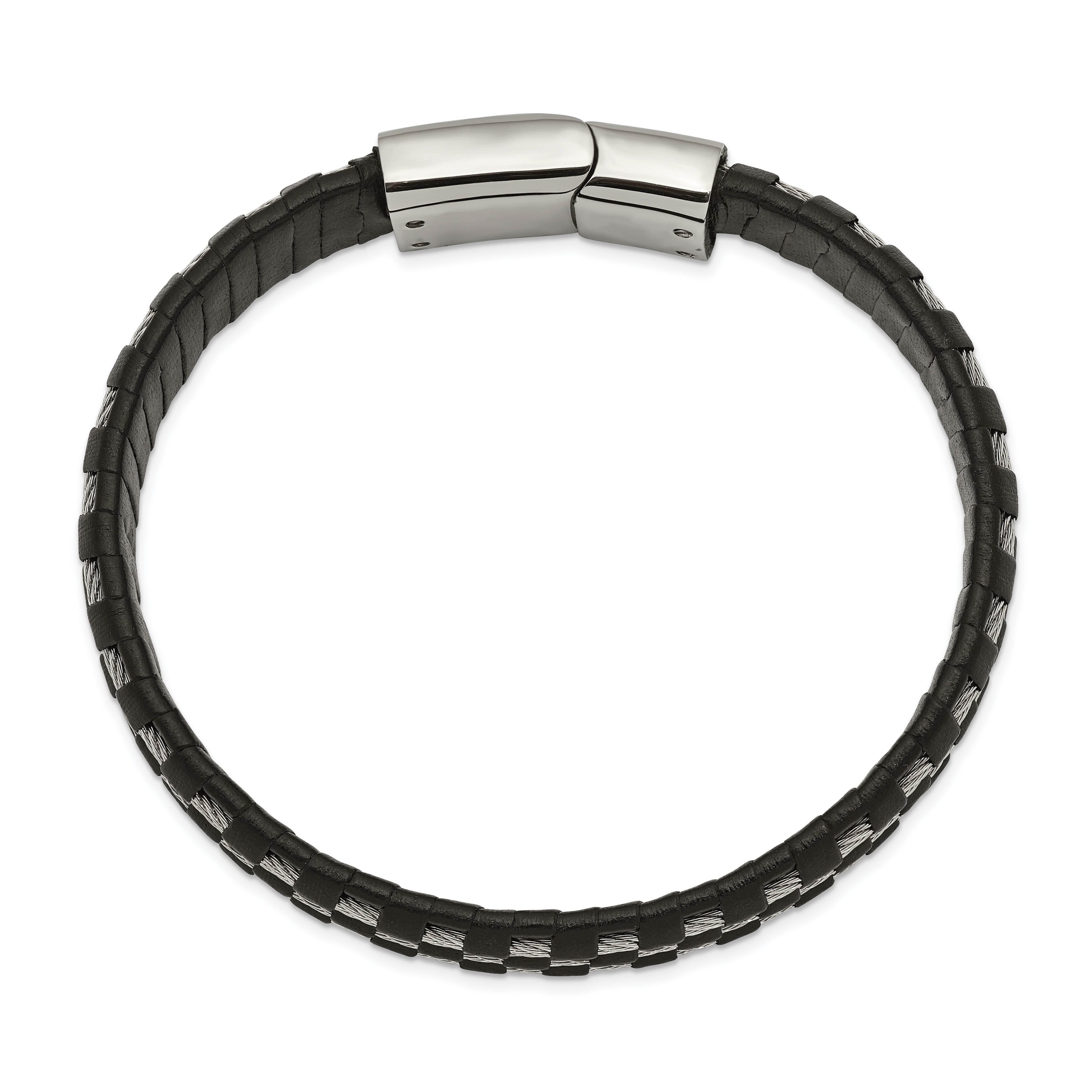 Chisel Stainless Steel Polished Wire Cable and Black Leather 8.5 inch Bracelet