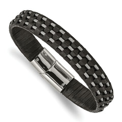 Chisel Stainless Steel Polished Wire Cable and Black Leather 8.5 inch Bracelet