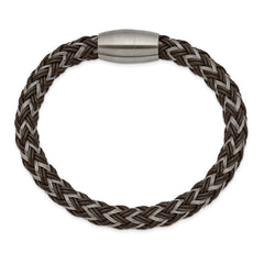 Chisel Stainless Steel Brushed Braided Wire and Brown Rubber 8.5 inch Bracelet