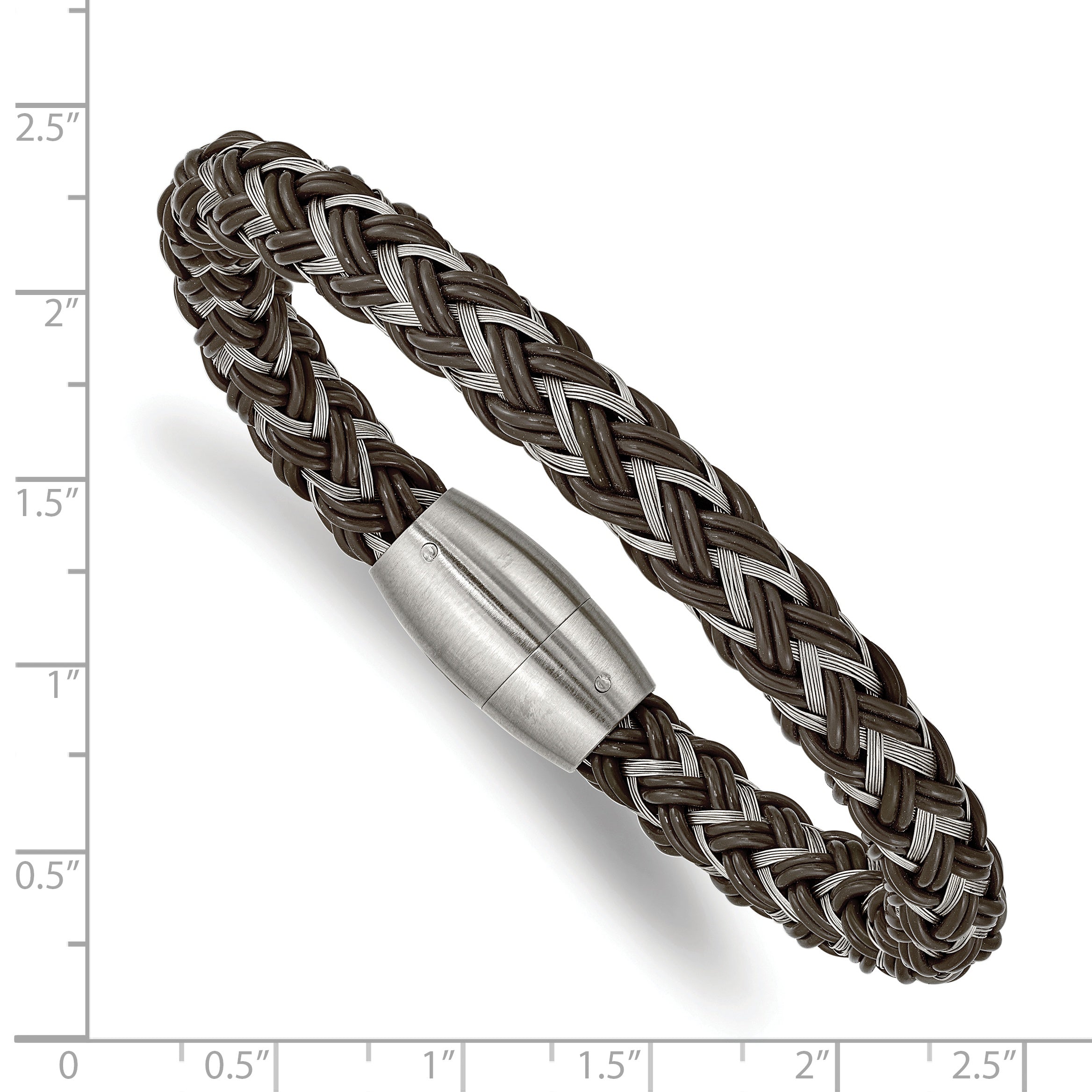 Chisel Stainless Steel Brushed Braided Wire and Brown Rubber 8.5 inch Bracelet