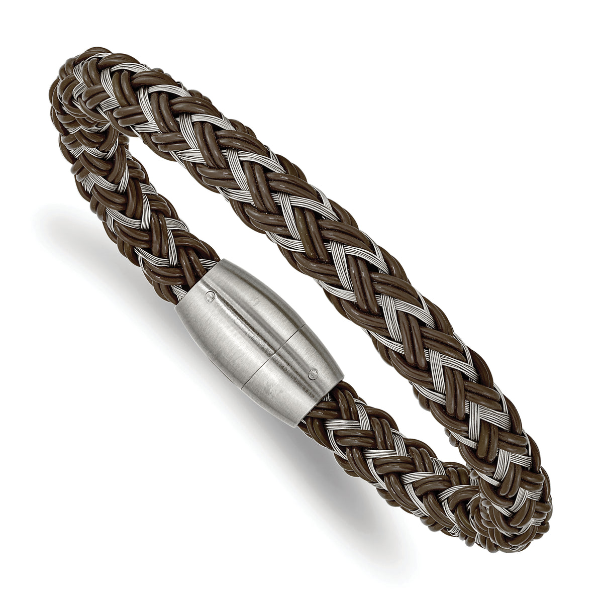 Chisel Stainless Steel Brushed Braided Wire and Brown Rubber 8.5 inch Bracelet