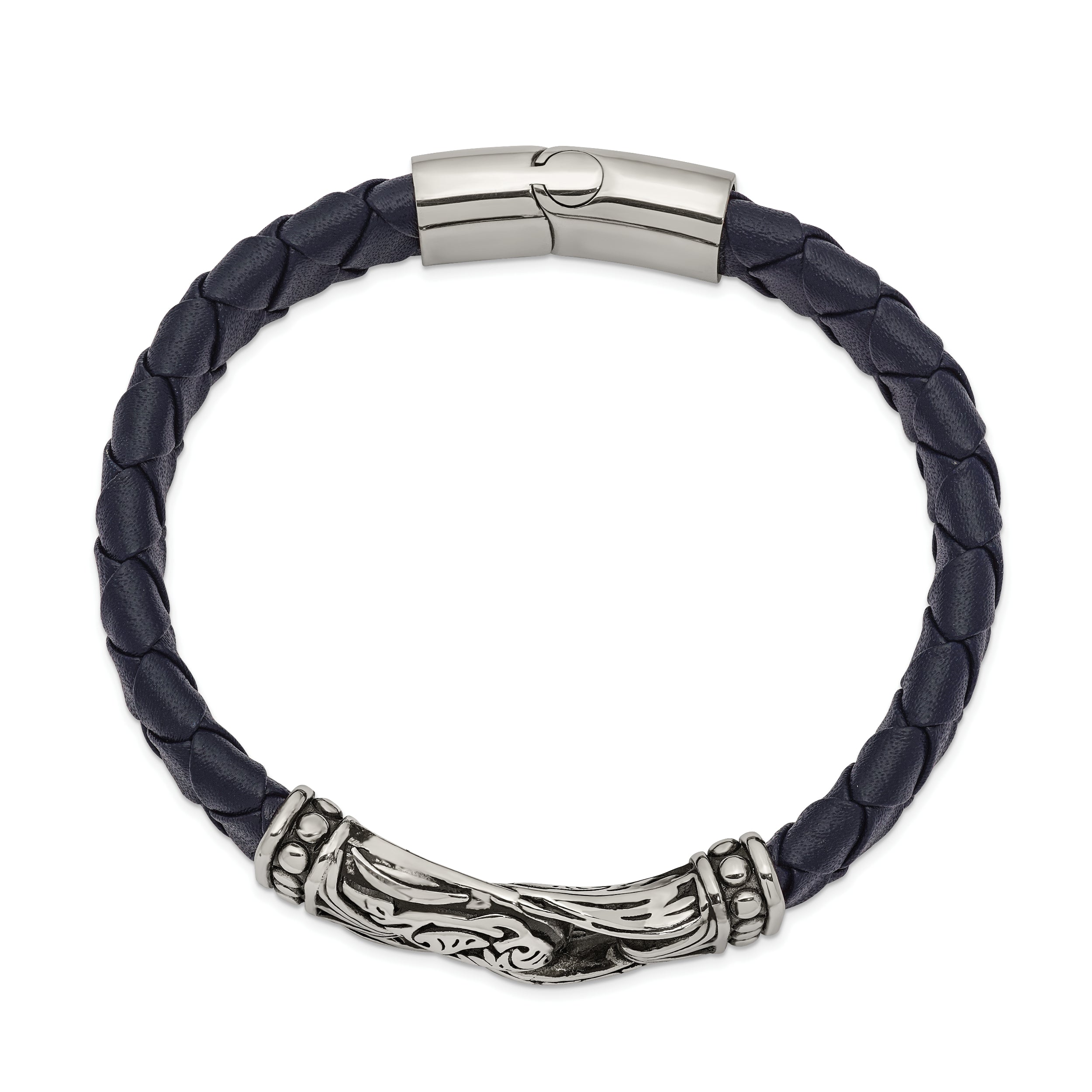 Chisel Stainless Steel Antiqued and Polished Blue Woven Leather 8.75 inch Bracelet