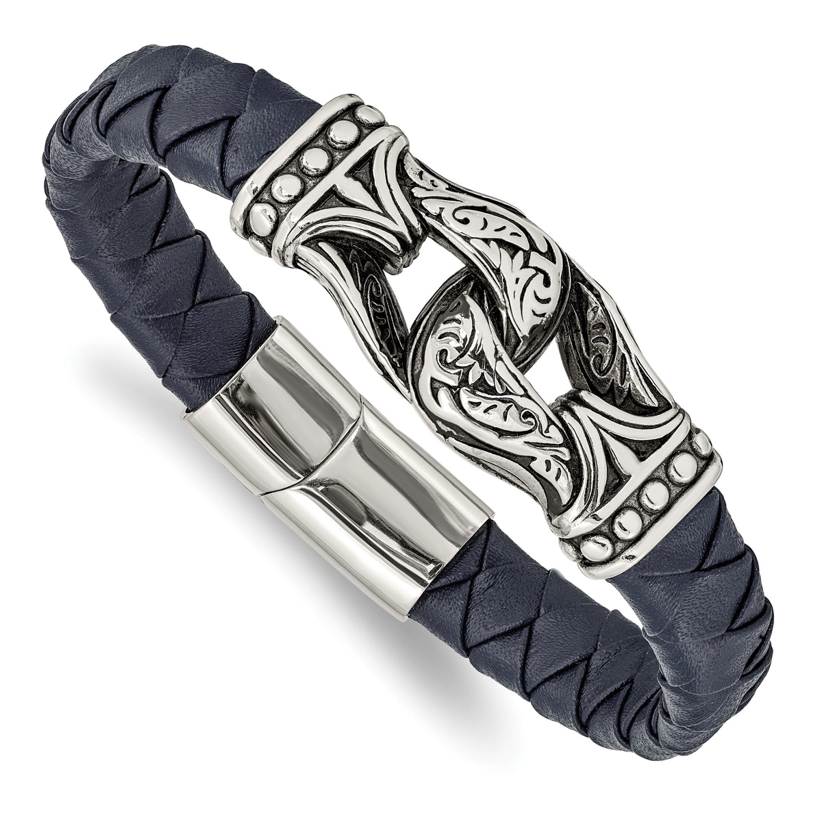 Chisel Stainless Steel Antiqued and Polished Blue Woven Leather 8.75 inch Bracelet