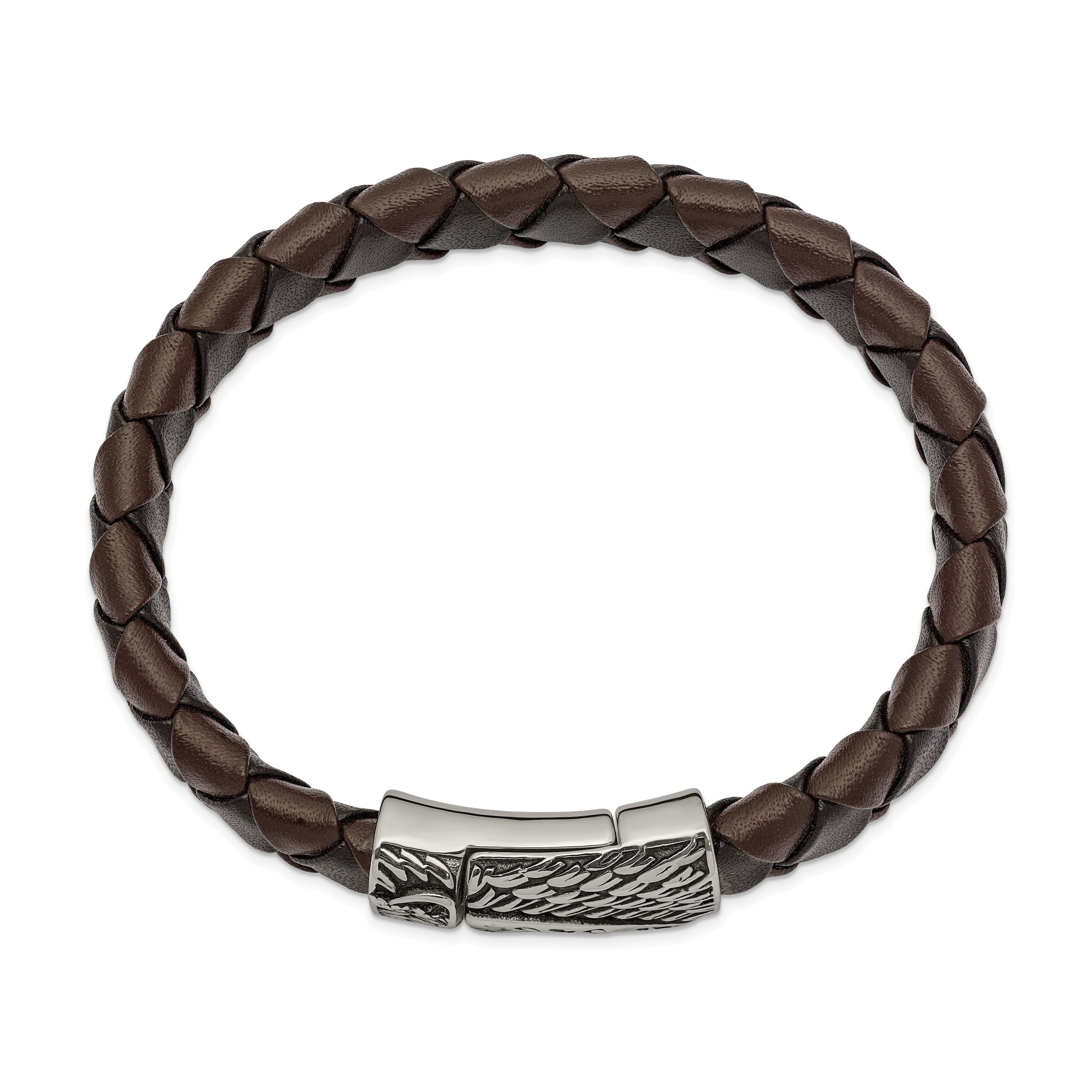 Chisel Stainless Steel Antiqued and Polished Sword Black and Brown Braided Leather 8.5 inch Bracelet