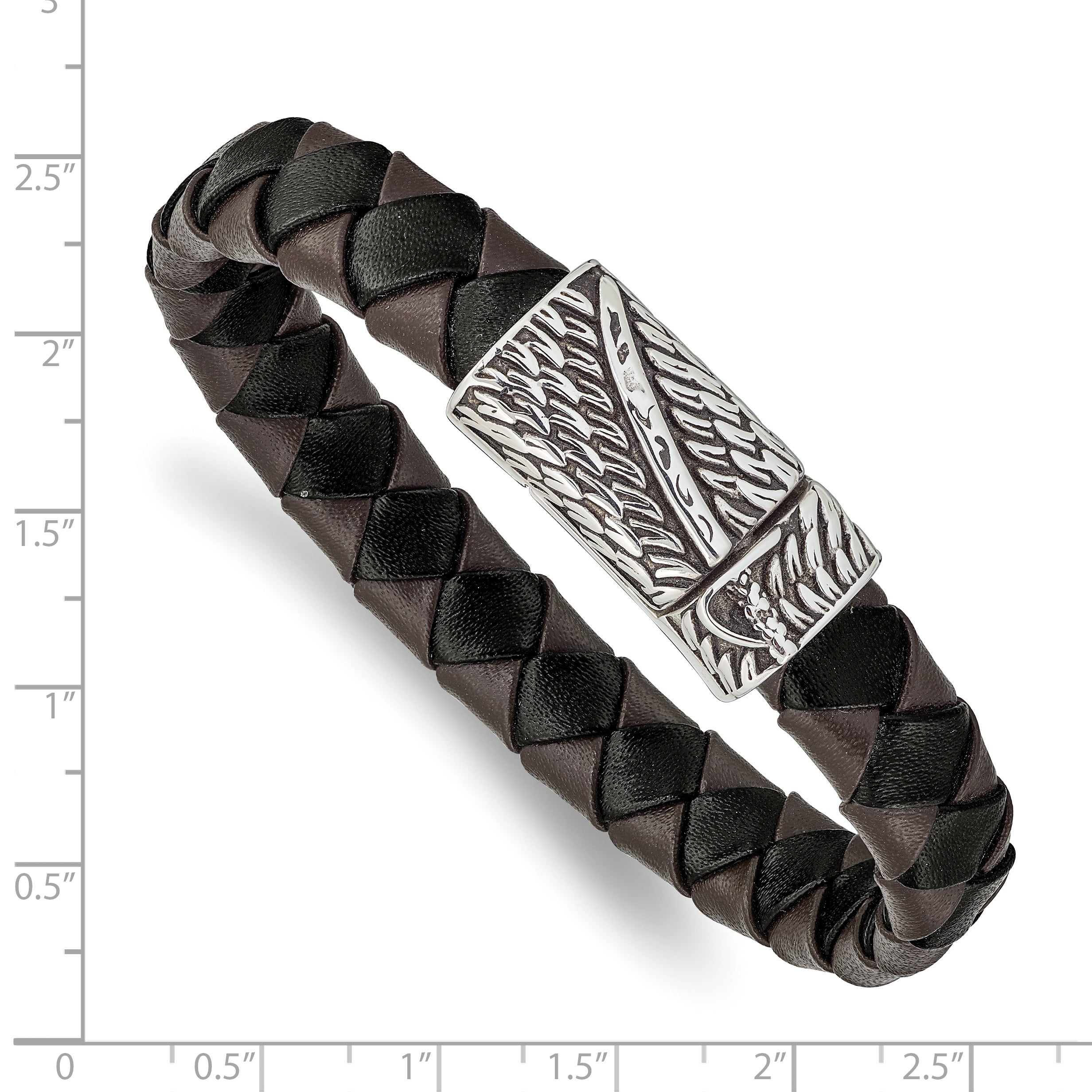 Chisel Stainless Steel Antiqued and Polished Sword Black and Brown Braided Leather 8.5 inch Bracelet