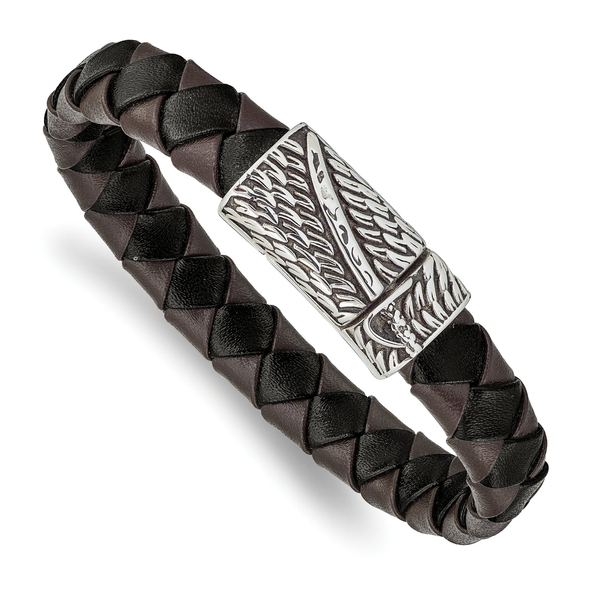 Chisel Stainless Steel Antiqued and Polished Sword Black and Brown Braided Leather 8.5 inch Bracelet