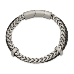 Chisel Stainless Steel Brushed Chian and Black Braided Leather 8 inch Bracelet with .5 inch Extension