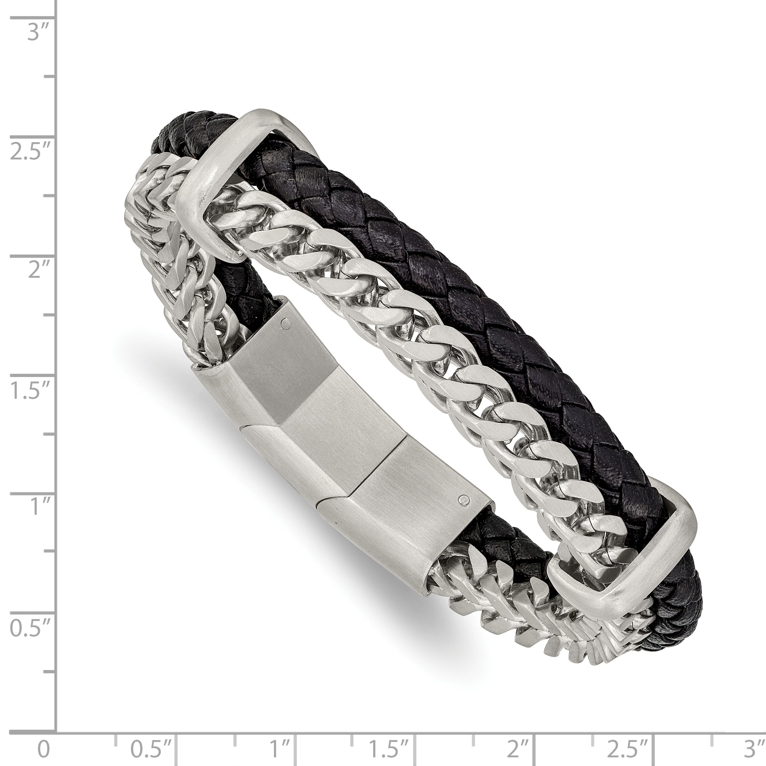 Chisel Stainless Steel Brushed Chian and Black Braided Leather 8 inch Bracelet with .5 inch Extension