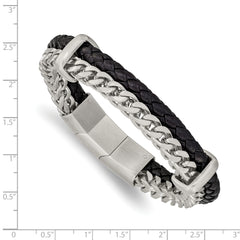 Chisel Stainless Steel Brushed Chian and Black Braided Leather 8 inch Bracelet with .5 inch Extension