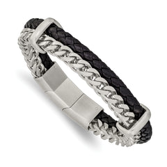 Chisel Stainless Steel Brushed Chian and Black Braided Leather 8 inch Bracelet with .5 inch Extension