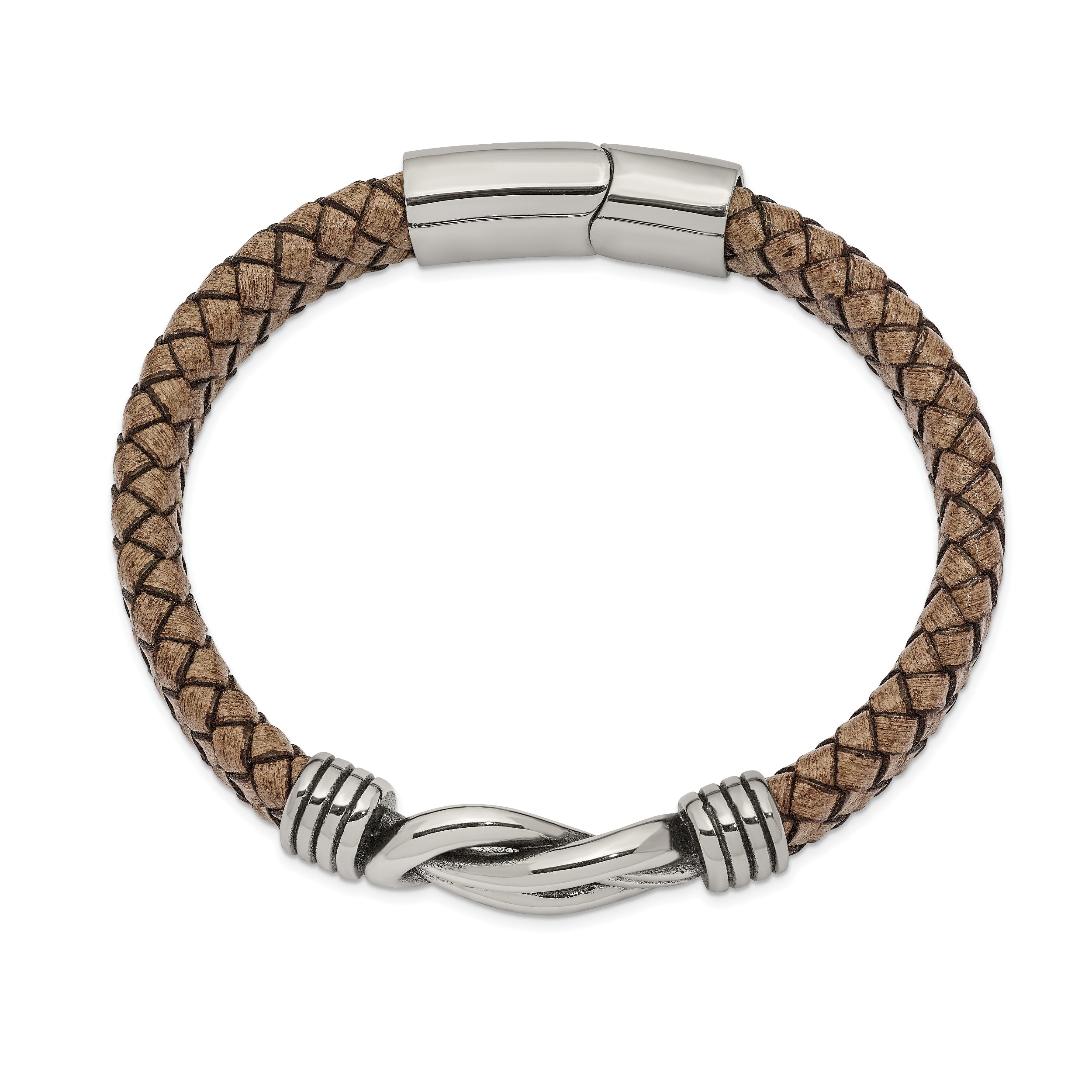 Chisel Stainless Steel Antiqued and Polished Braided Tan Leather 8 inch Bracelet