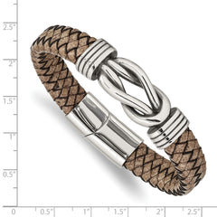 Chisel Stainless Steel Antiqued and Polished Braided Tan Leather 8 inch Bracelet