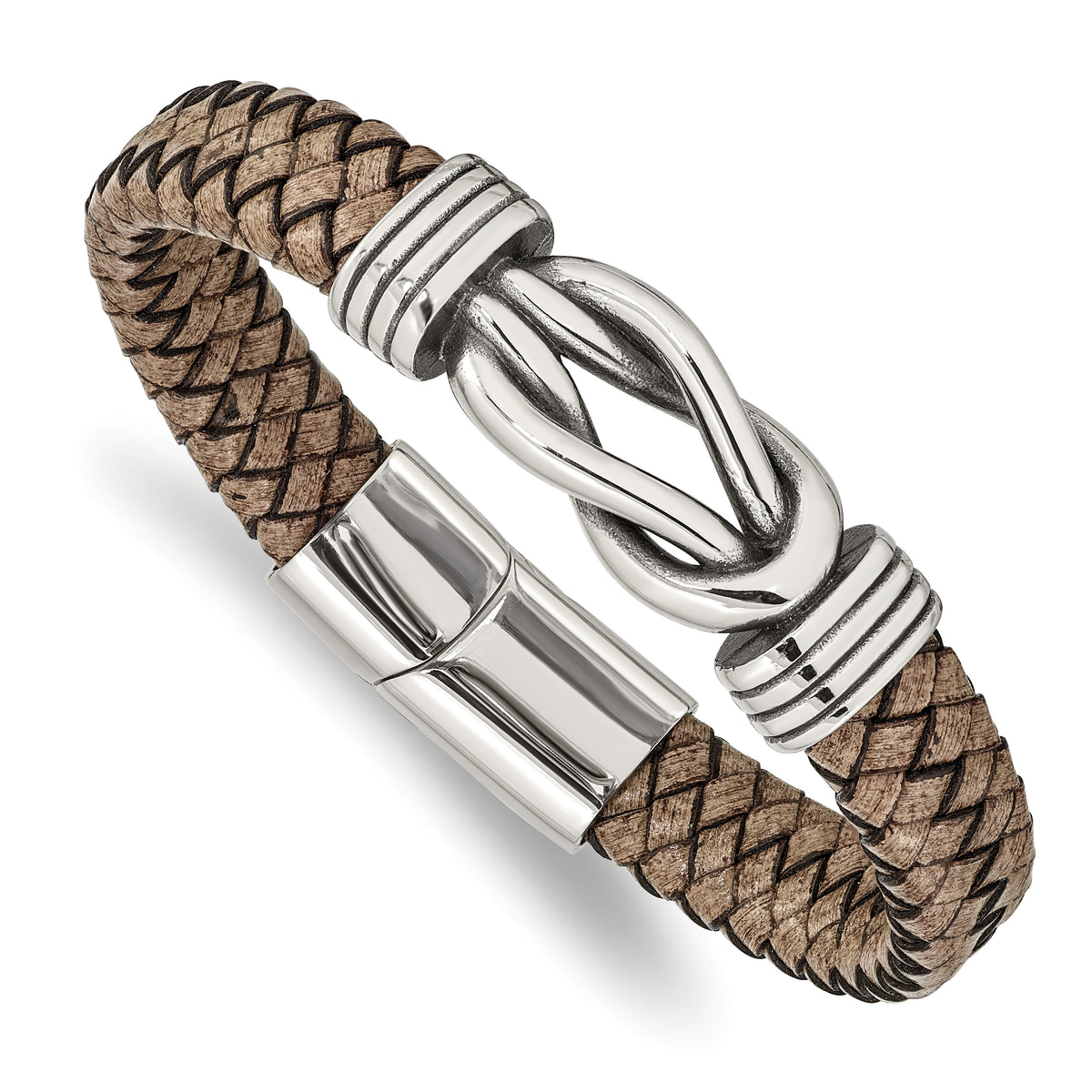 Chisel Stainless Steel Antiqued and Polished Braided Tan Leather 8 inch Bracelet