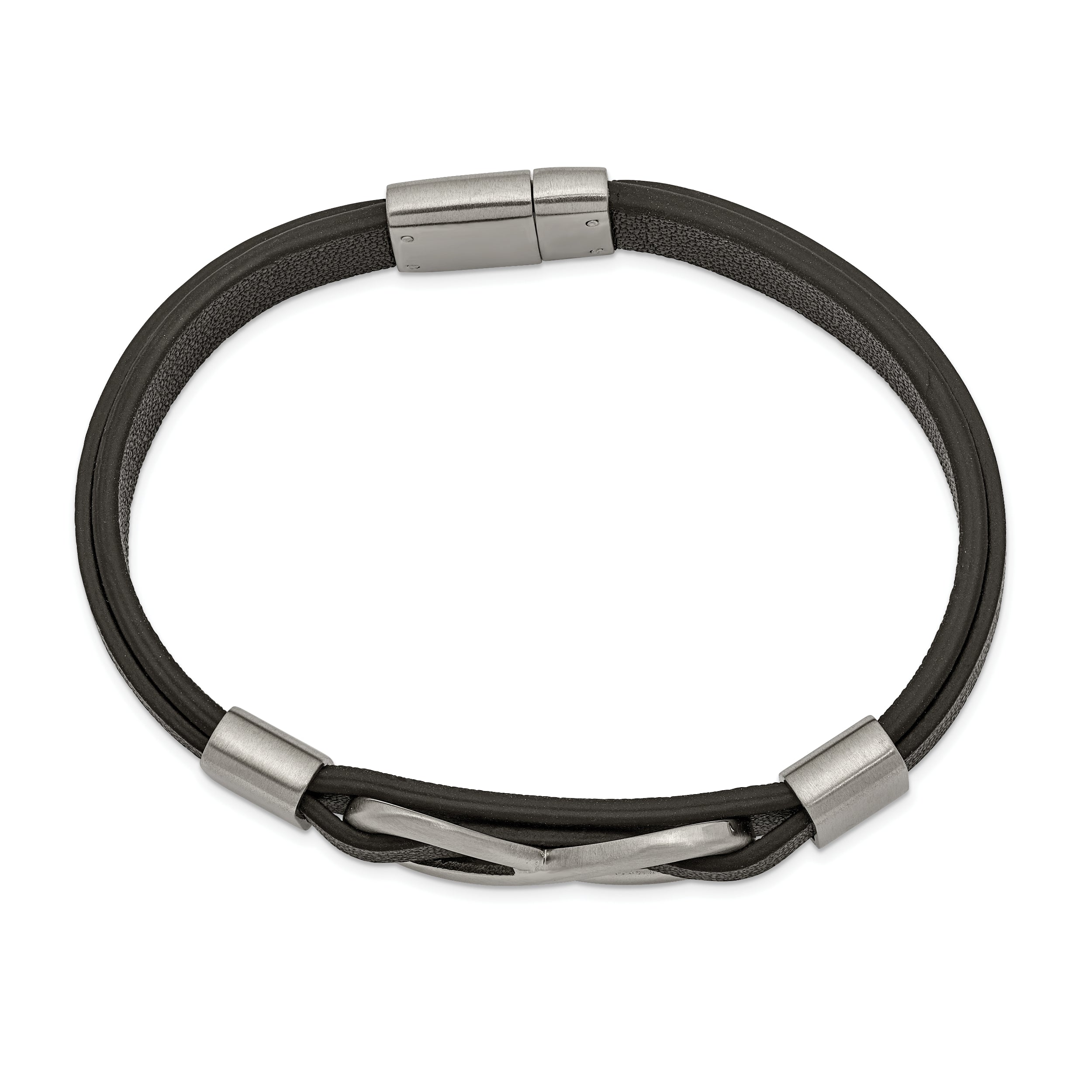 Chisel Stainless Steel Brushed and Polished Infinity Symbol Black Leather 8 inch Bracelet