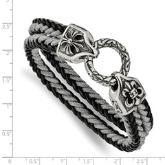 Stainless Steel Antiqued & Polished Leather/Cotton Braided 8in Bracelet