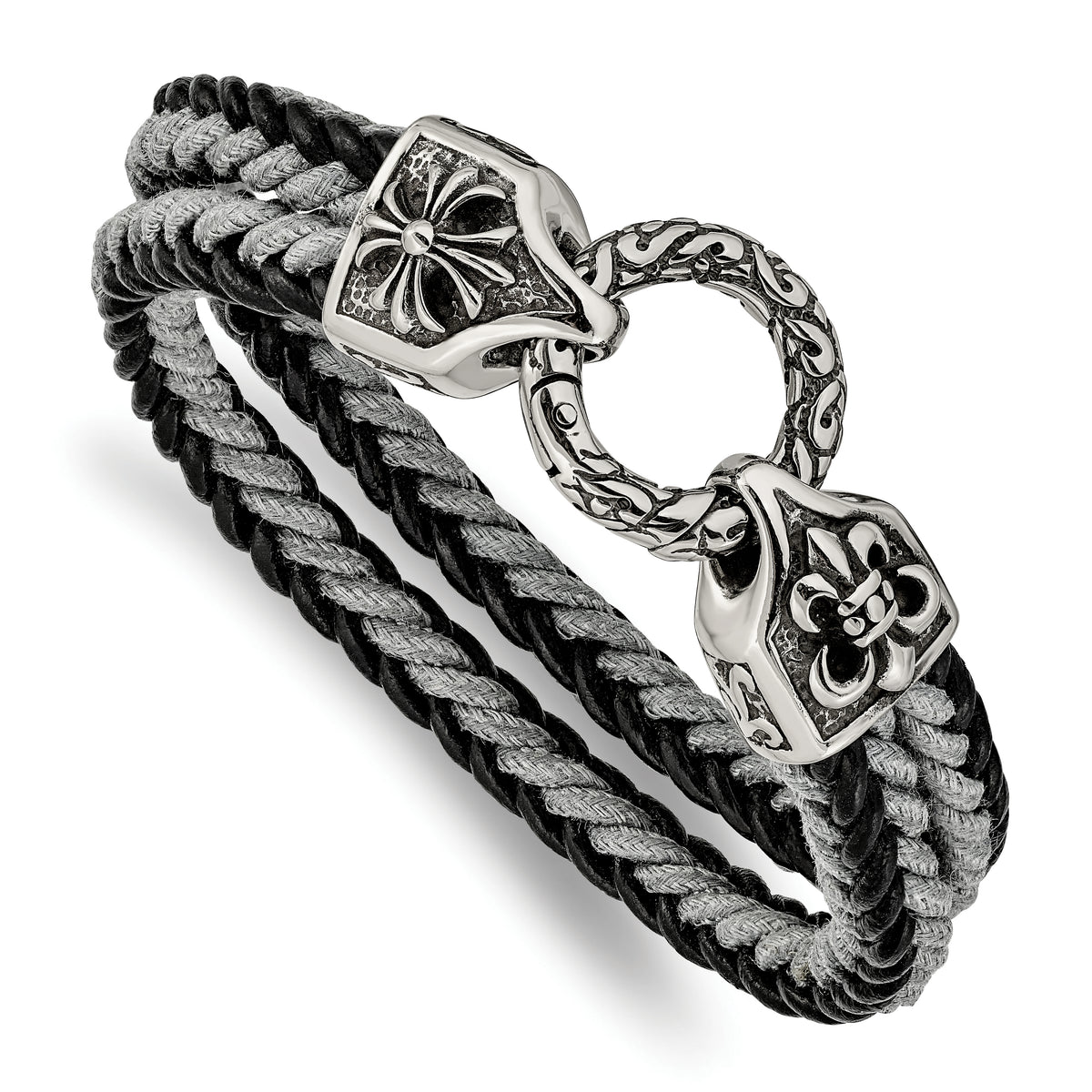 Stainless Steel Antiqued & Polished Leather/Cotton Braided 8in Bracelet