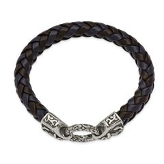 Chisel Stainless Steel Antiqued and Polished Black and Blue Braided Leather 8.25 inch Bracelet