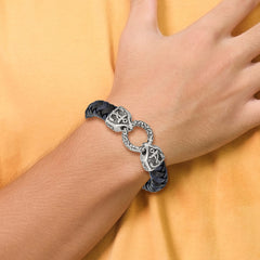 Chisel Stainless Steel Antiqued and Polished Black and Blue Braided Leather 8.25 inch Bracelet