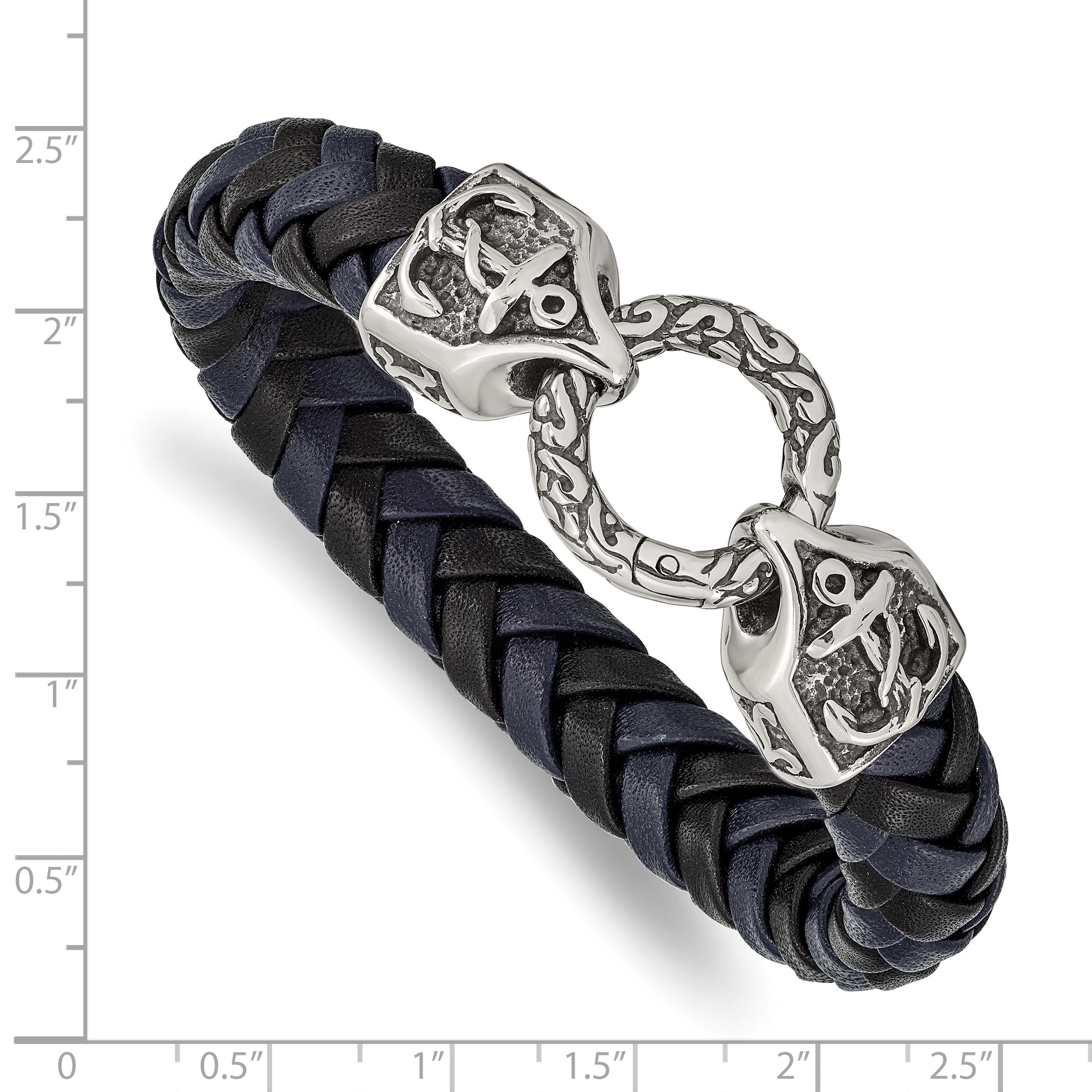 Chisel Stainless Steel Antiqued and Polished Black and Blue Braided Leather 8.25 inch Bracelet