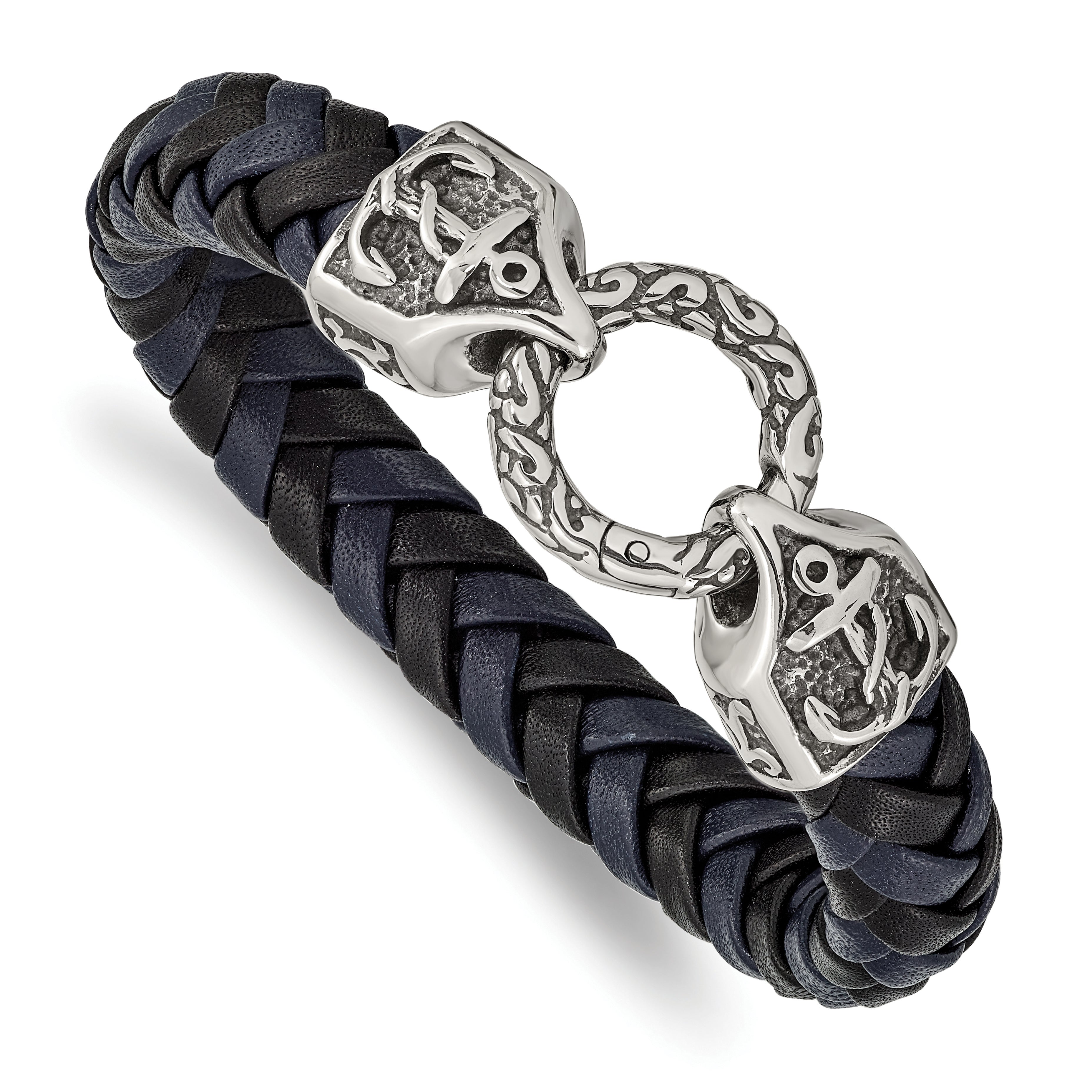 Chisel Stainless Steel Antiqued and Polished Black and Blue Braided Leather 8.25 inch Bracelet