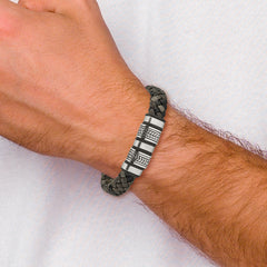 Chisel Stainless Steel Antiqued Brushed and Polished Braided Black Leather with Silicone 8.25 inch Bracelet