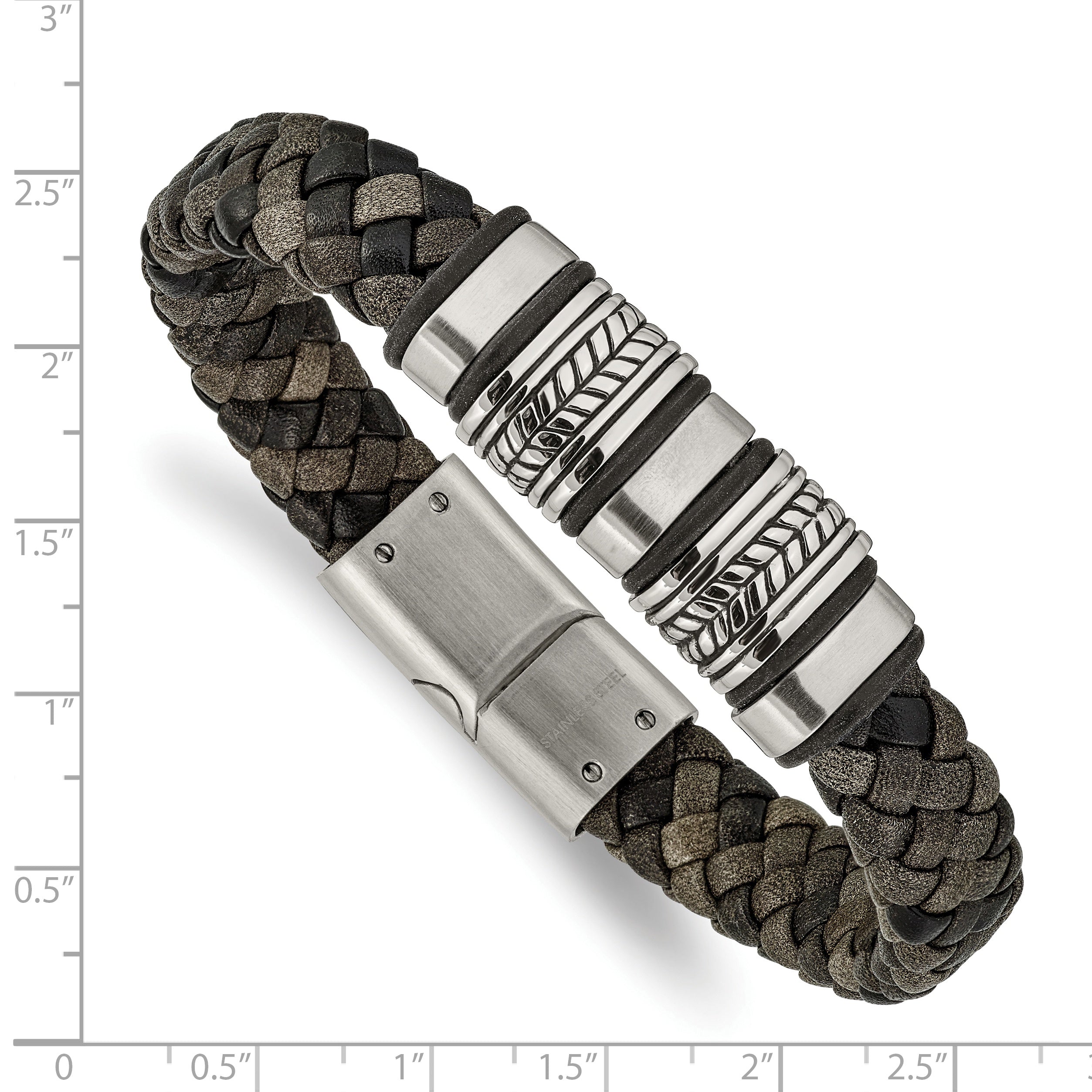 Chisel Stainless Steel Antiqued Brushed and Polished Braided Black Leather with Silicone 8.25 inch Bracelet