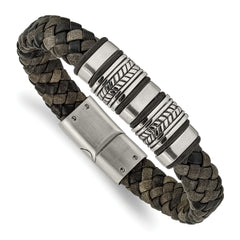 Chisel Stainless Steel Antiqued Brushed and Polished Braided Black Leather with Silicone 8.25 inch Bracelet