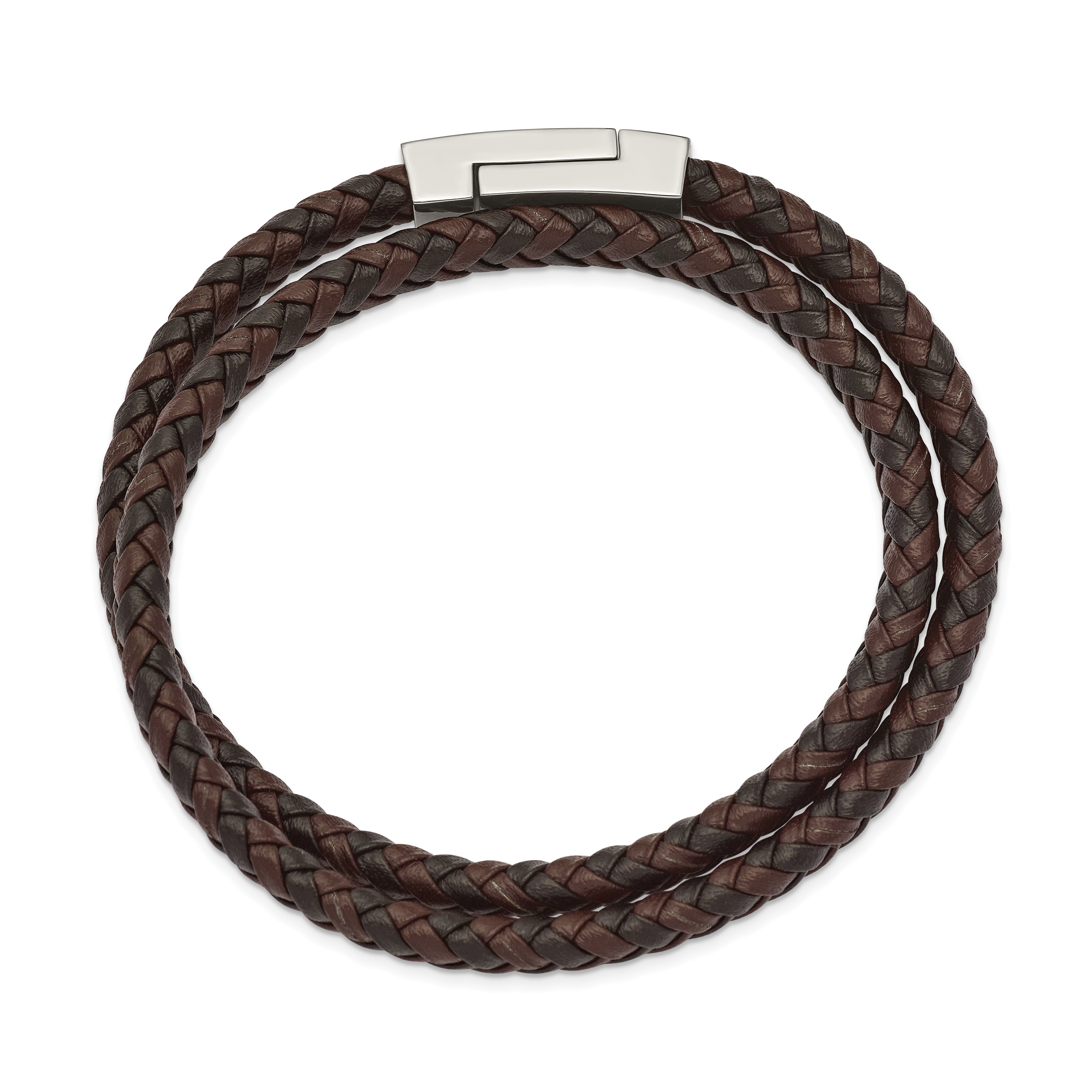 Chisel Stainless Steel Polished Black and Brown Braided Leather 15.75 inch Wrap Bracelet