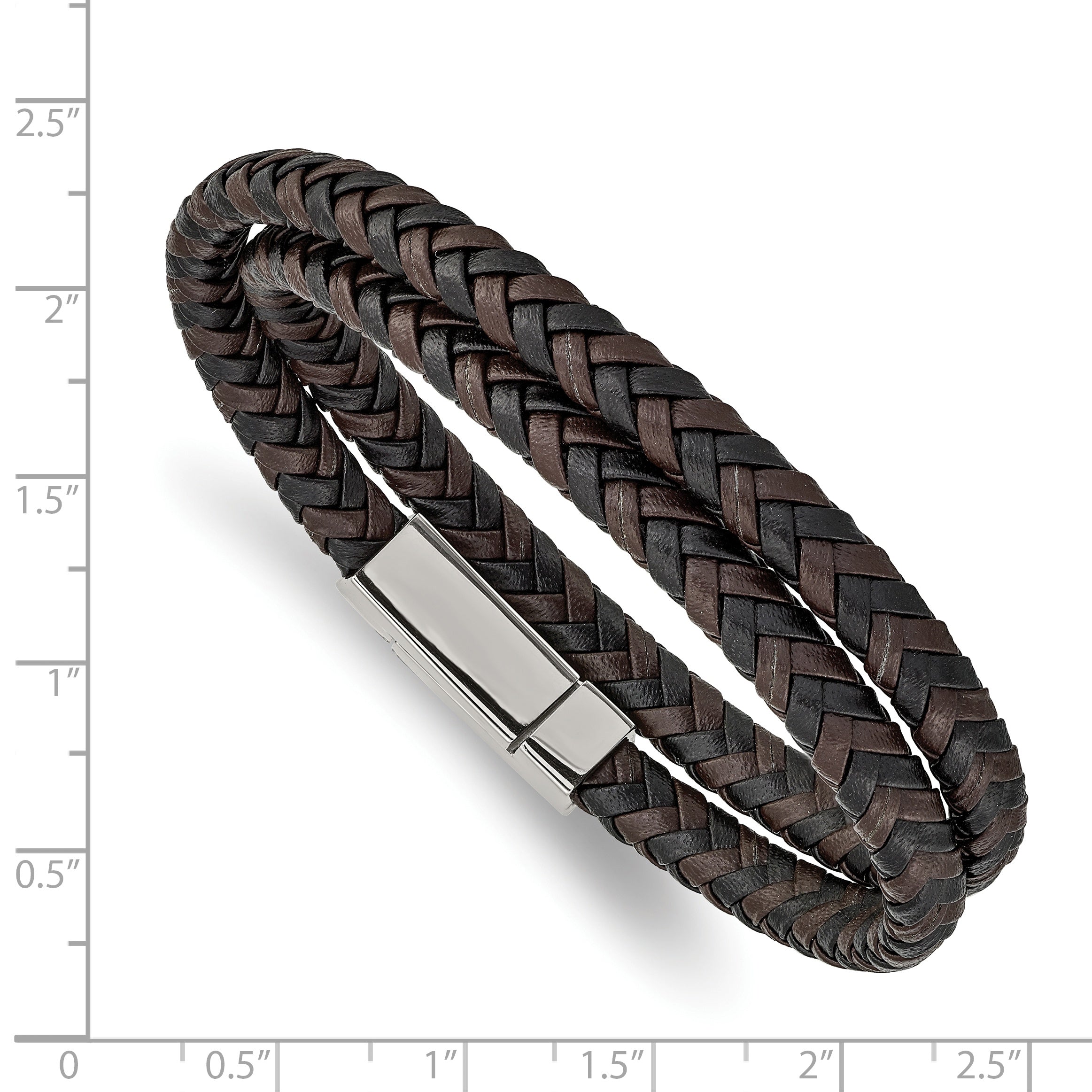 Chisel Stainless Steel Polished Black and Brown Braided Leather 15.75 inch Wrap Bracelet