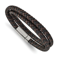 Chisel Stainless Steel Polished Black and Brown Braided Leather 15.75 inch Wrap Bracelet