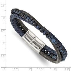 Chisel Stainless Steel Polished Multi Strand Blue Chalcedony and Tiger's Eye Beaded Black and Blue Leather 8.25 inch Bracelet