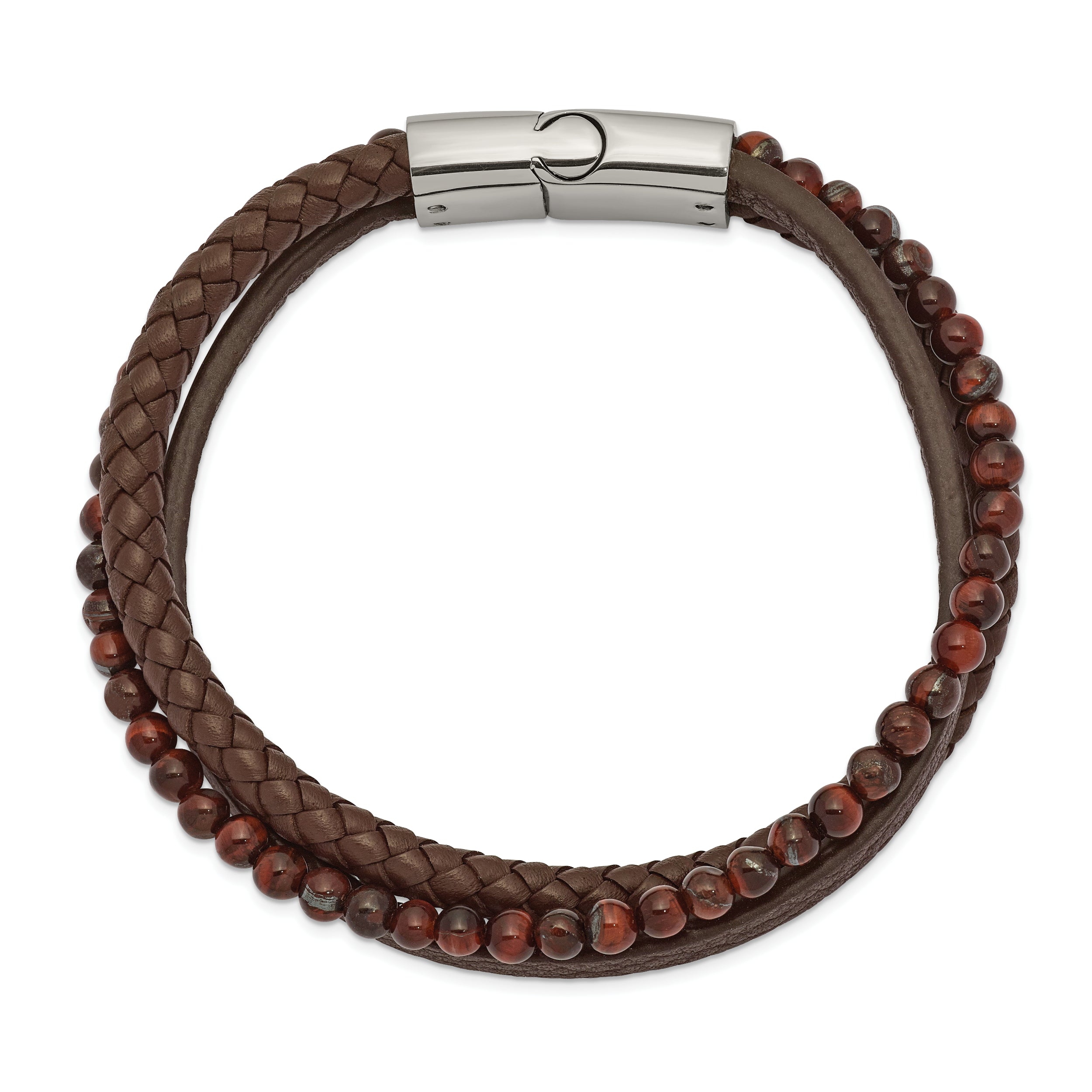 Chisel Stainless Steel Polished Multi Strand Tiger's Eye Beaded Brown Leather 8.25 inch Bracelet