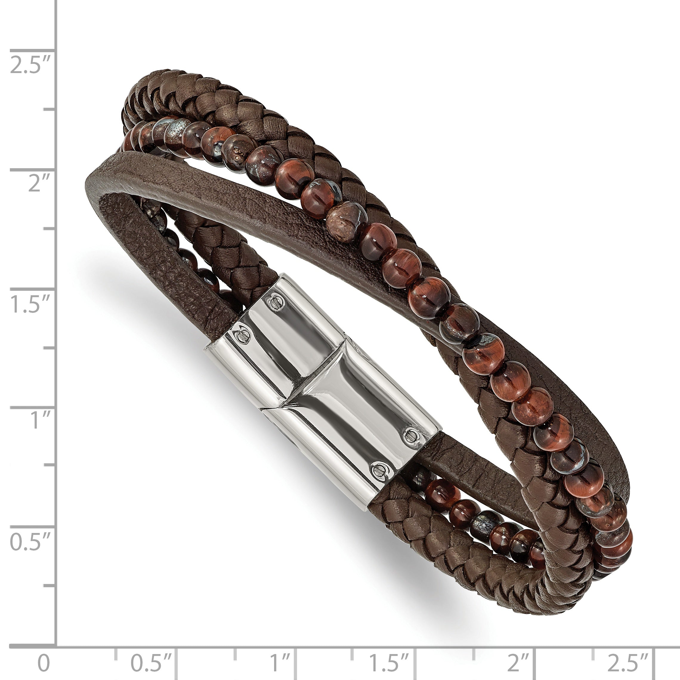 Chisel Stainless Steel Polished Multi Strand Tiger's Eye Beaded Brown Leather 8.25 inch Bracelet