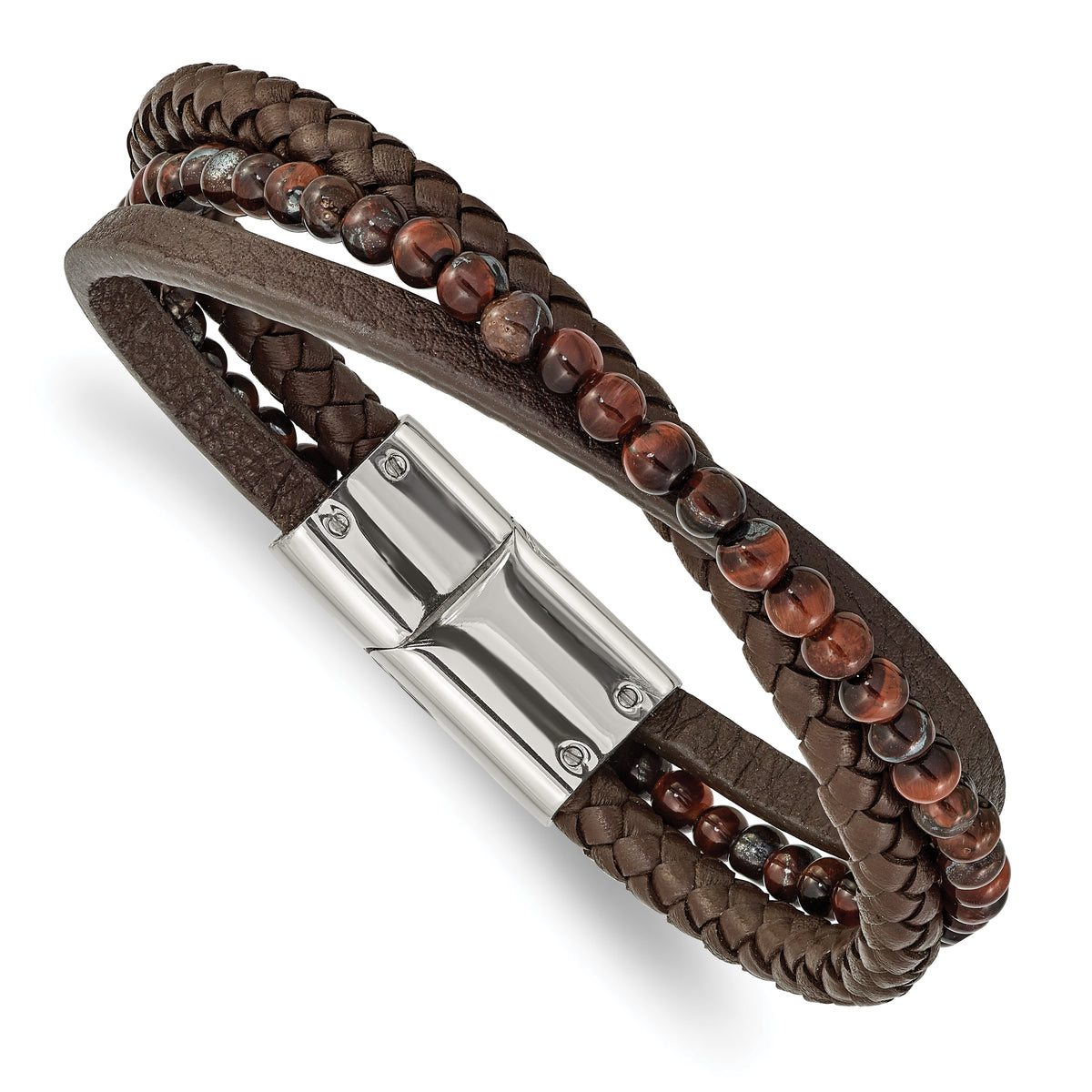 Chisel Stainless Steel Polished Multi Strand Tiger's Eye Beaded Brown Leather 8.25 inch Bracelet