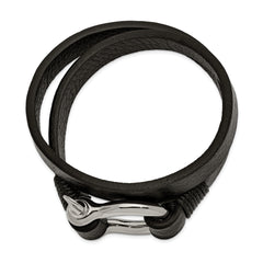 Chisel Stainless Steel Polished Shackle Textured Black Leather 16 inch Wrap Bracelet