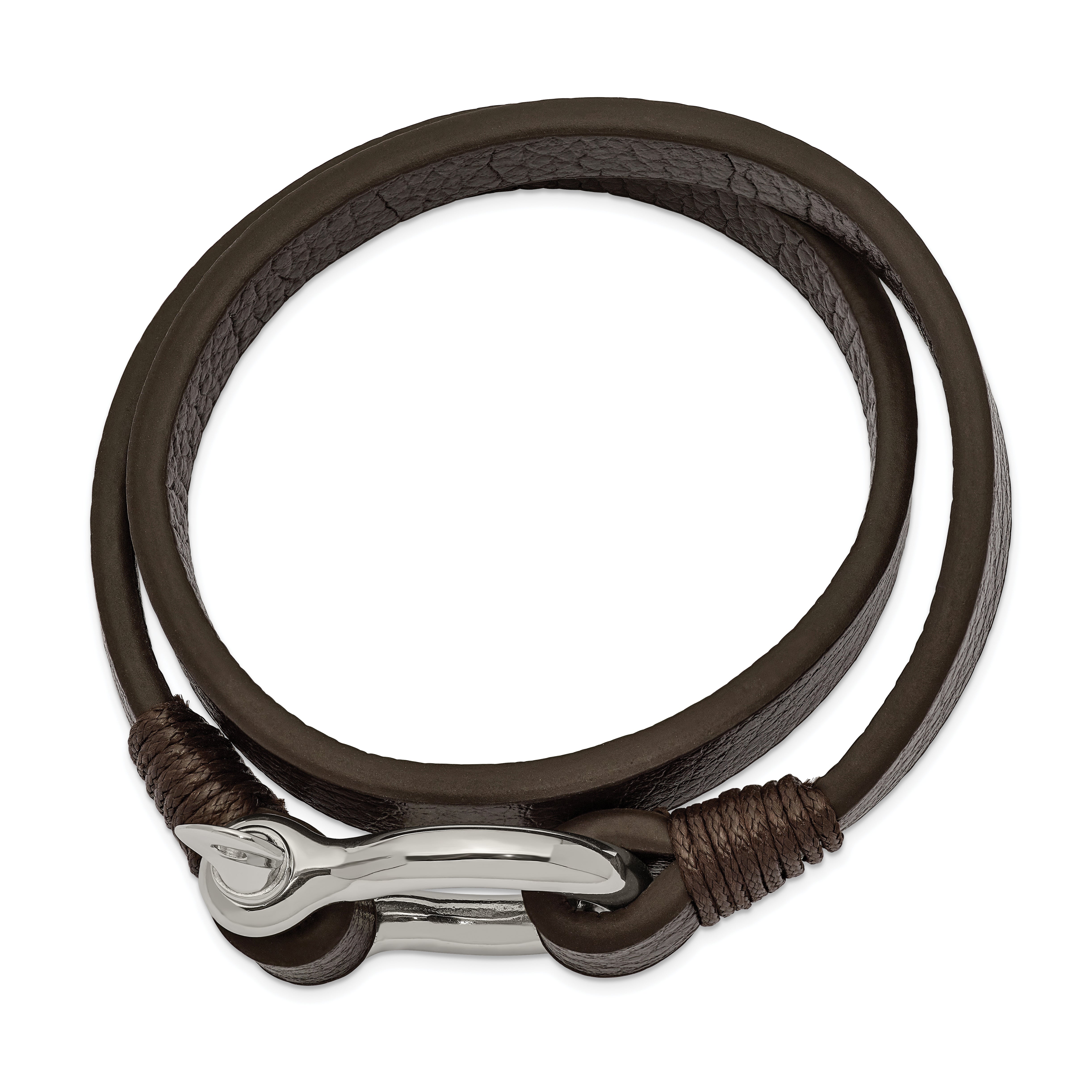 Chisel Stainless Steel Polished Shackle Brown Leather 16 inch Wrap Bracelet