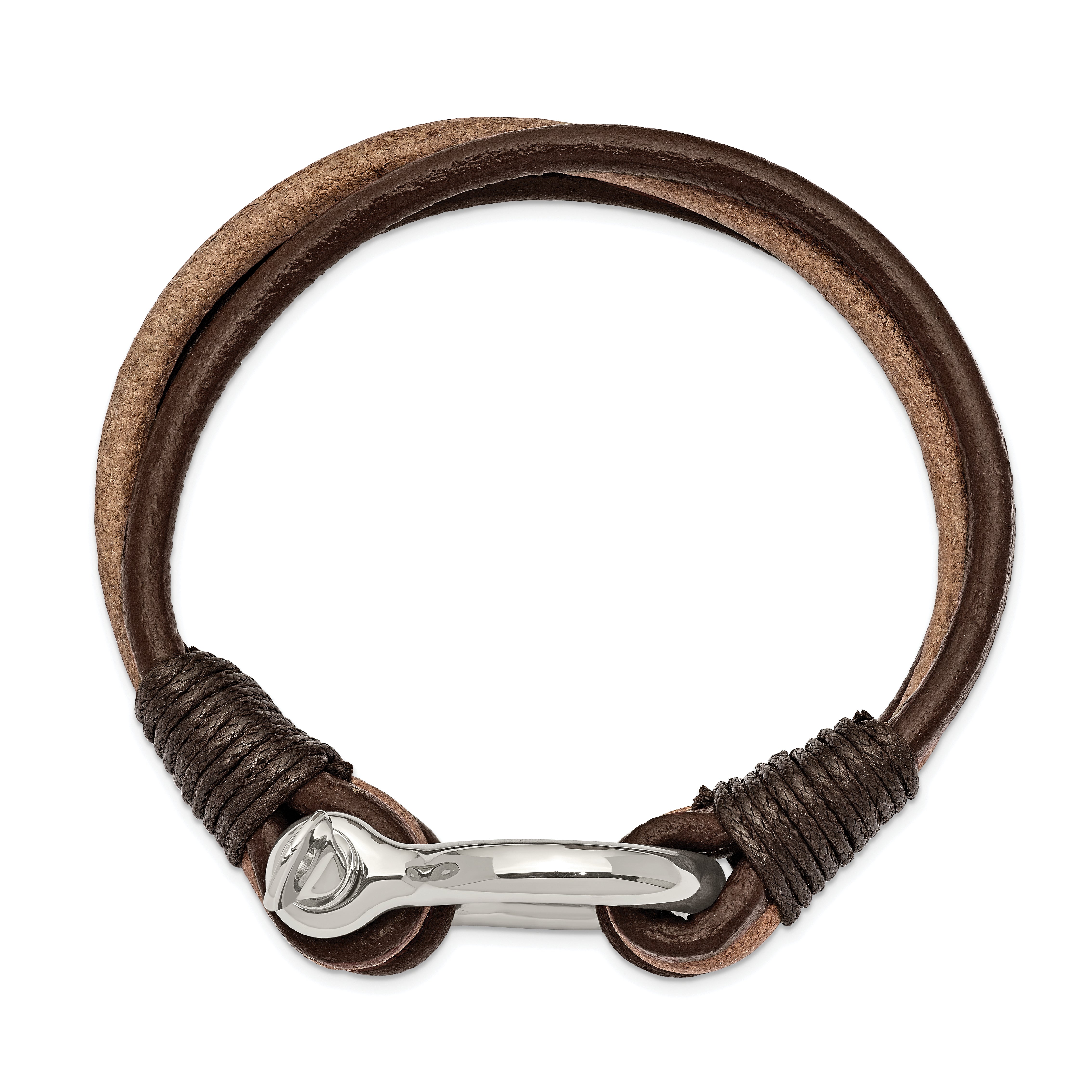 Chisel Stainless Steel Polished Shackle Multi Strand Dark Brown and Tan Leather 8.25 inch Bracelet