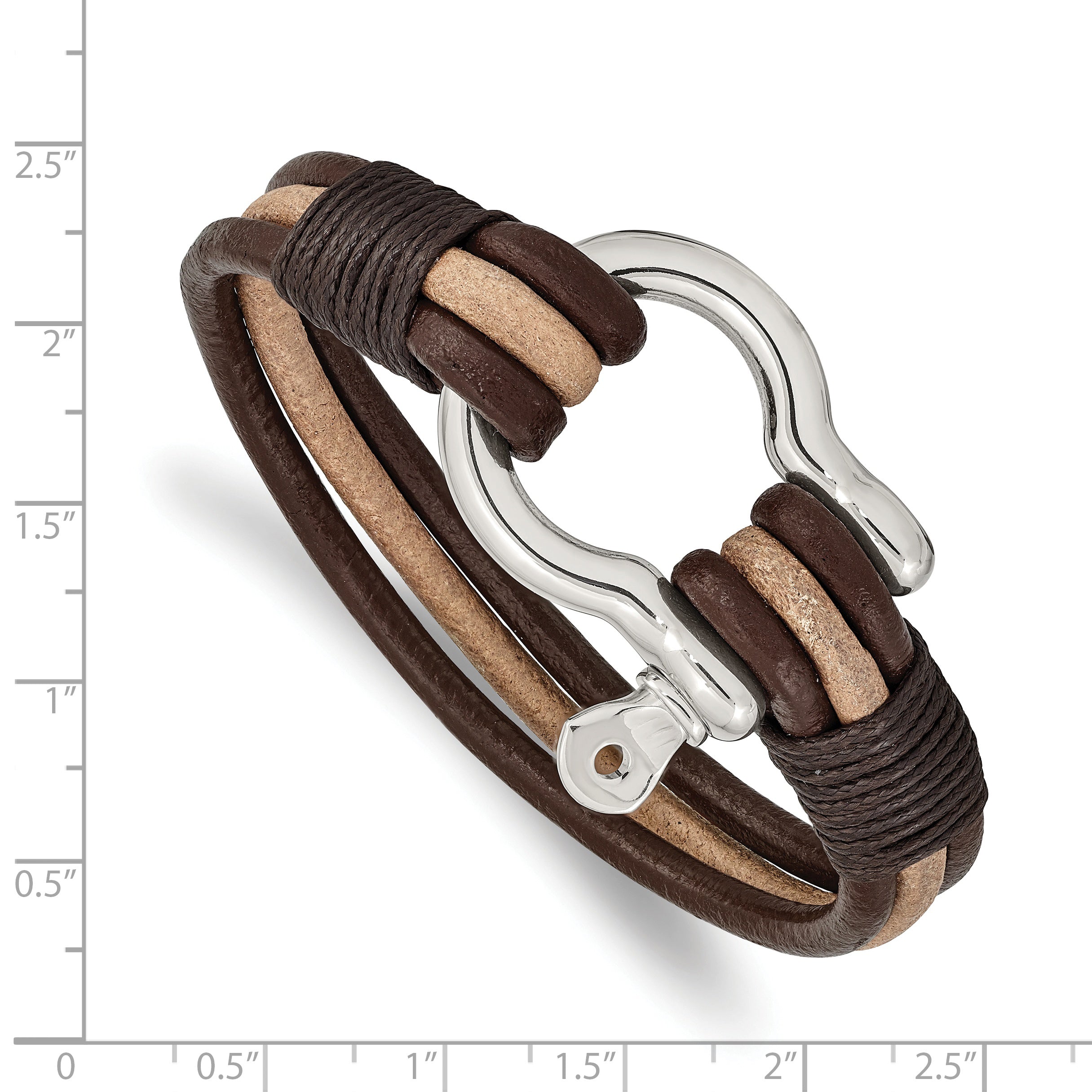 Chisel Stainless Steel Polished Shackle Multi Strand Dark Brown and Tan Leather 8.25 inch Bracelet