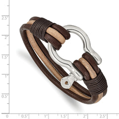 Chisel Stainless Steel Polished Shackle Multi Strand Dark Brown and Tan Leather 8.25 inch Bracelet