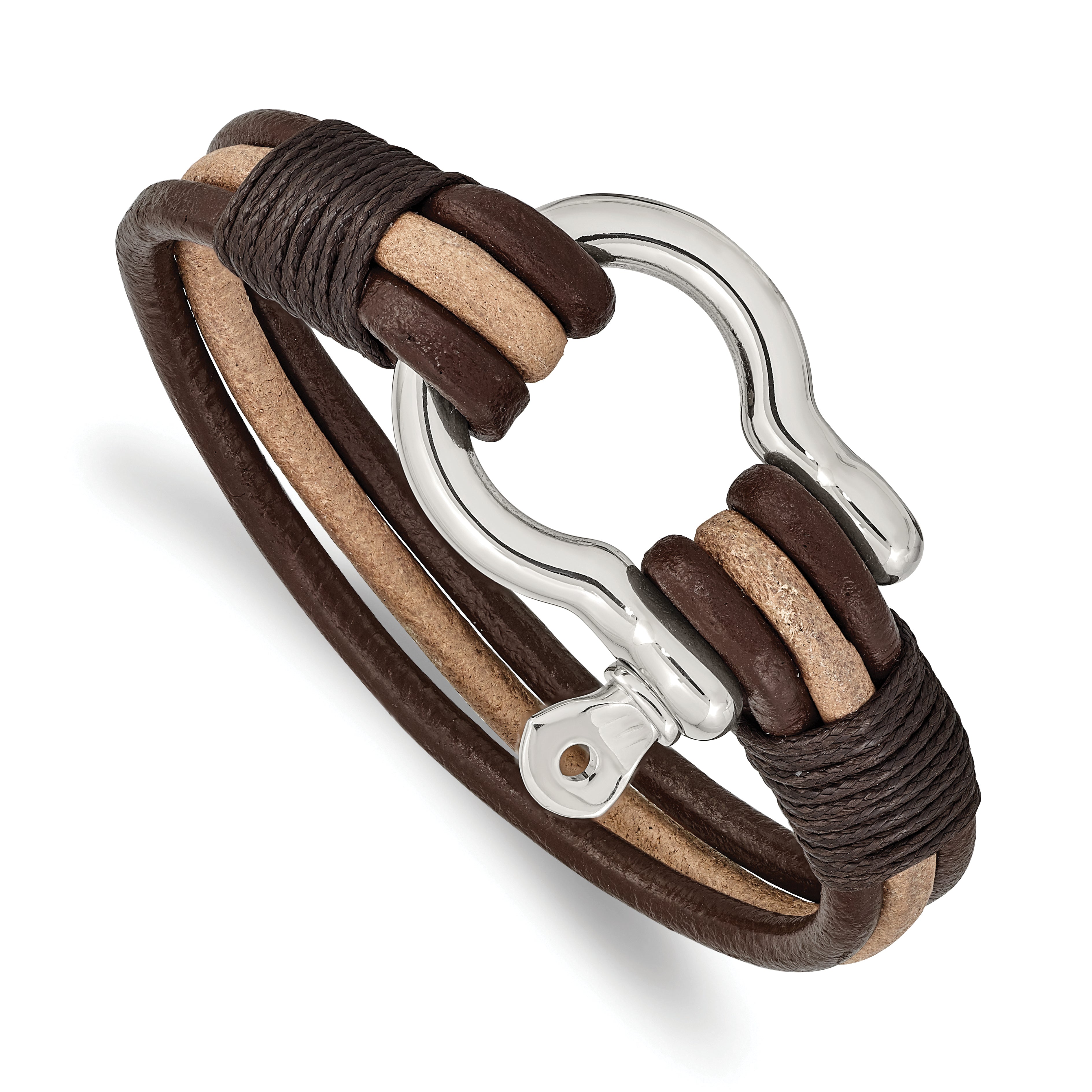 Chisel Stainless Steel Polished Shackle Multi Strand Dark Brown and Tan Leather 8.25 inch Bracelet