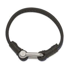 Chisel Stainless Steel Polished Shackle Black and Blue Leather 8.25 inch Bracelet