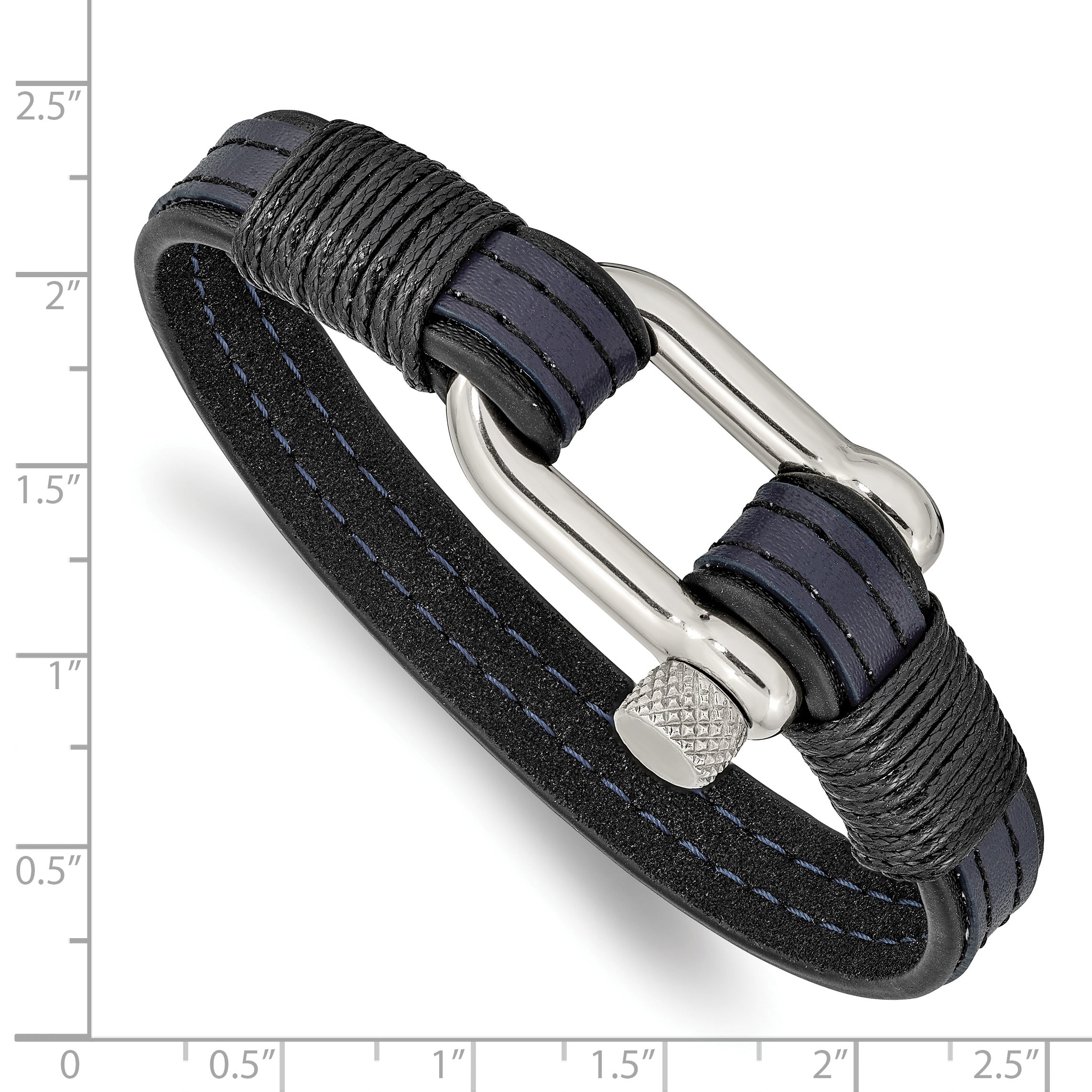 Chisel Stainless Steel Polished Shackle Black and Blue Leather 8.25 inch Bracelet