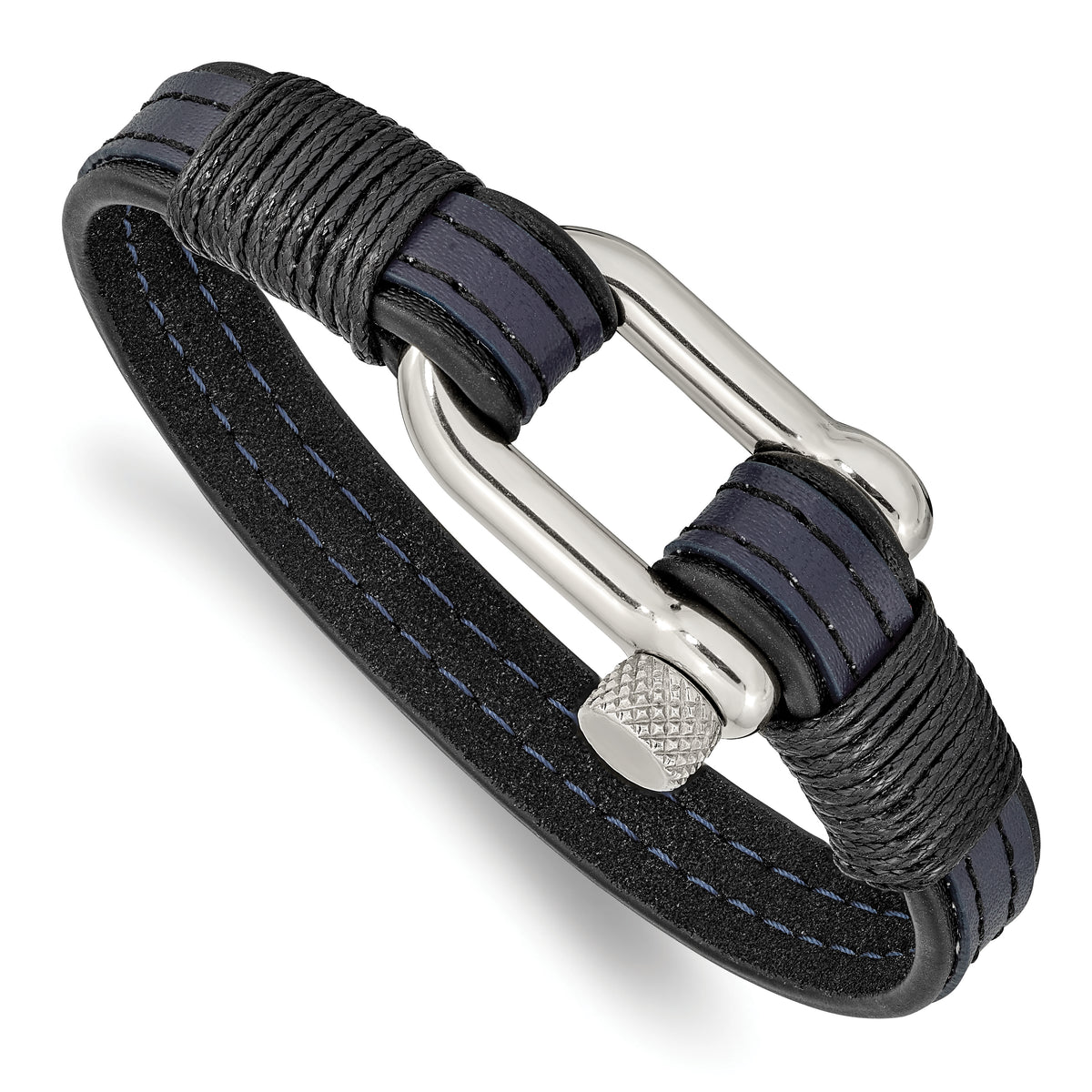 Chisel Stainless Steel Polished Shackle Black and Blue Leather 8.25 inch Bracelet